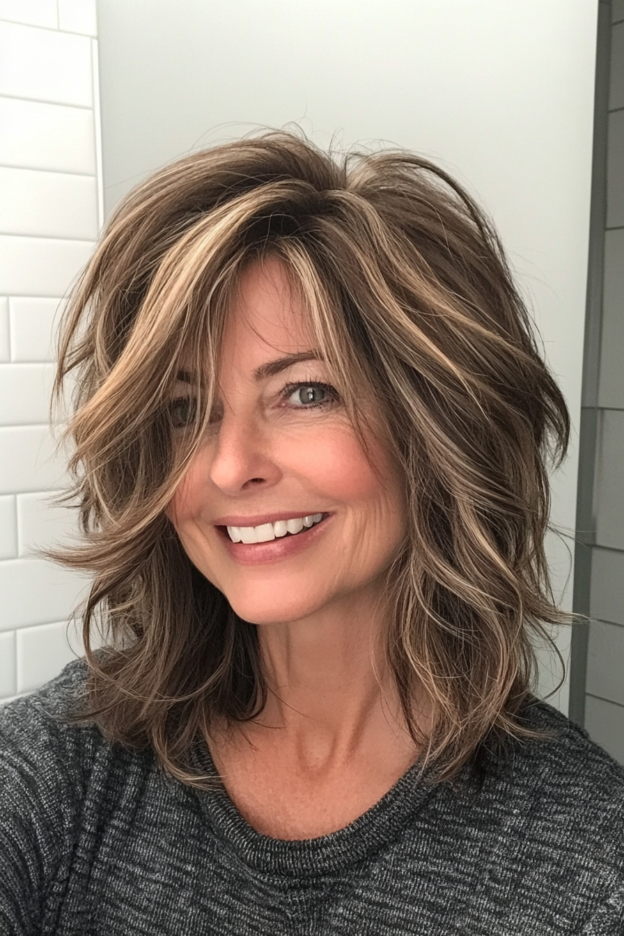 17. Shaggy Layers with Cool Brown Undertones (Medium Length Haircuts For Women Over 50) - Medium Length Haircuts For Women Over 50