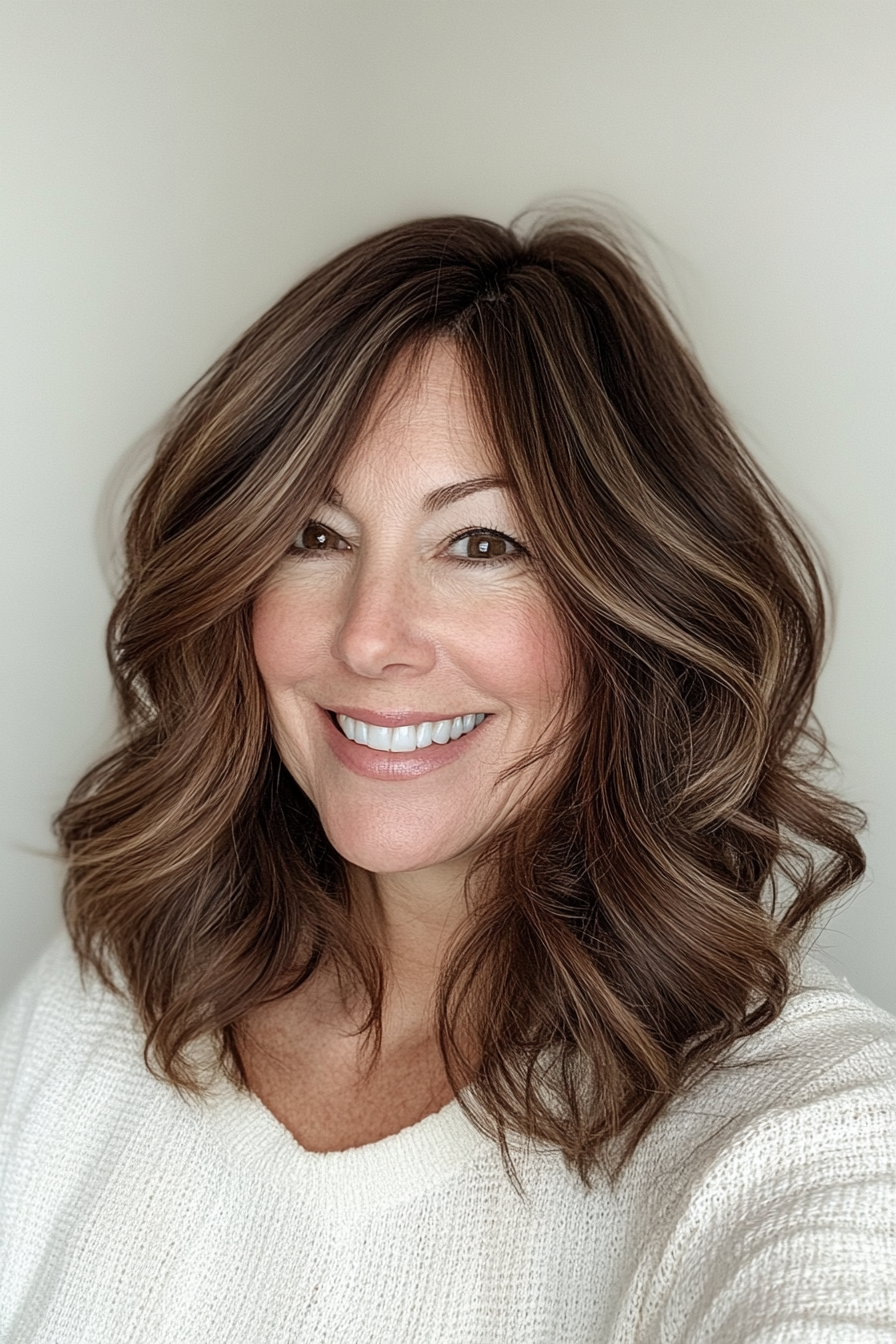 20. Voluminous Waves with Natural Brunette (Medium Length Haircuts For Women Over 50) - Medium Length Haircuts For Women Over 50