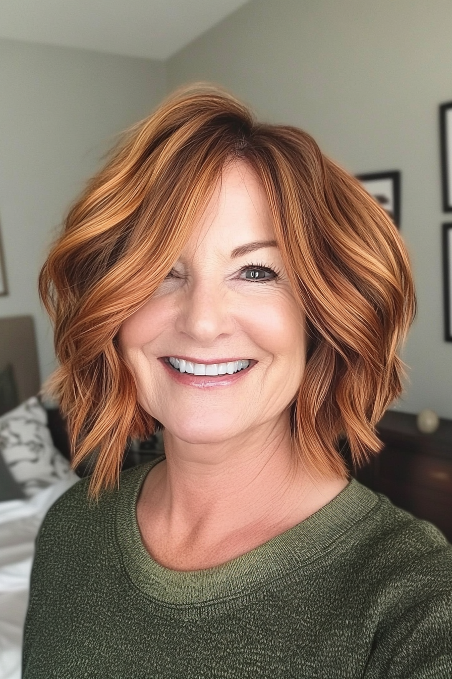 21. Textured Bob with Golden Copper Accents (Medium Length Haircuts For Women Over 50) - Medium Length Haircuts For Women Over 50