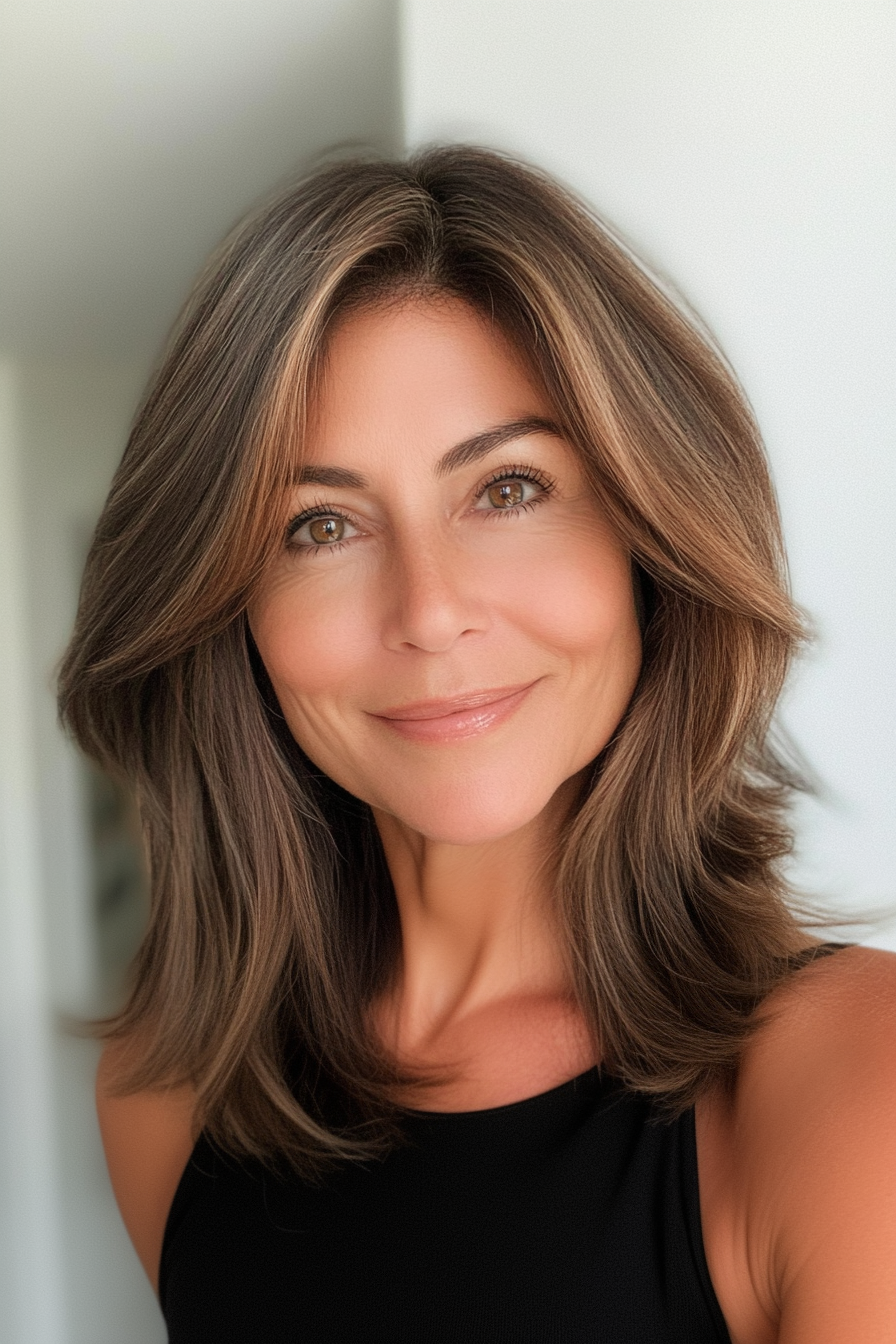 22. Straight Layers with Warm Mahogany Sheen (Medium Length Haircuts For Women Over 50) - Medium Length Haircuts For Women Over 50