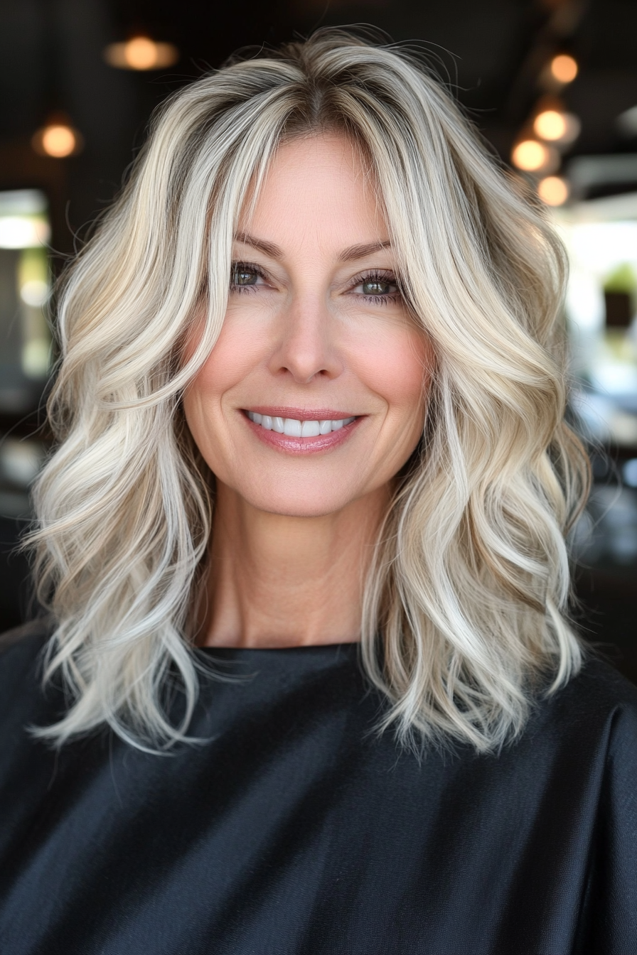 23. Wavy Lob with Platinum Blonde Highlights (Medium Length Haircuts For Women Over 50) - Medium Length Haircuts For Women Over 50