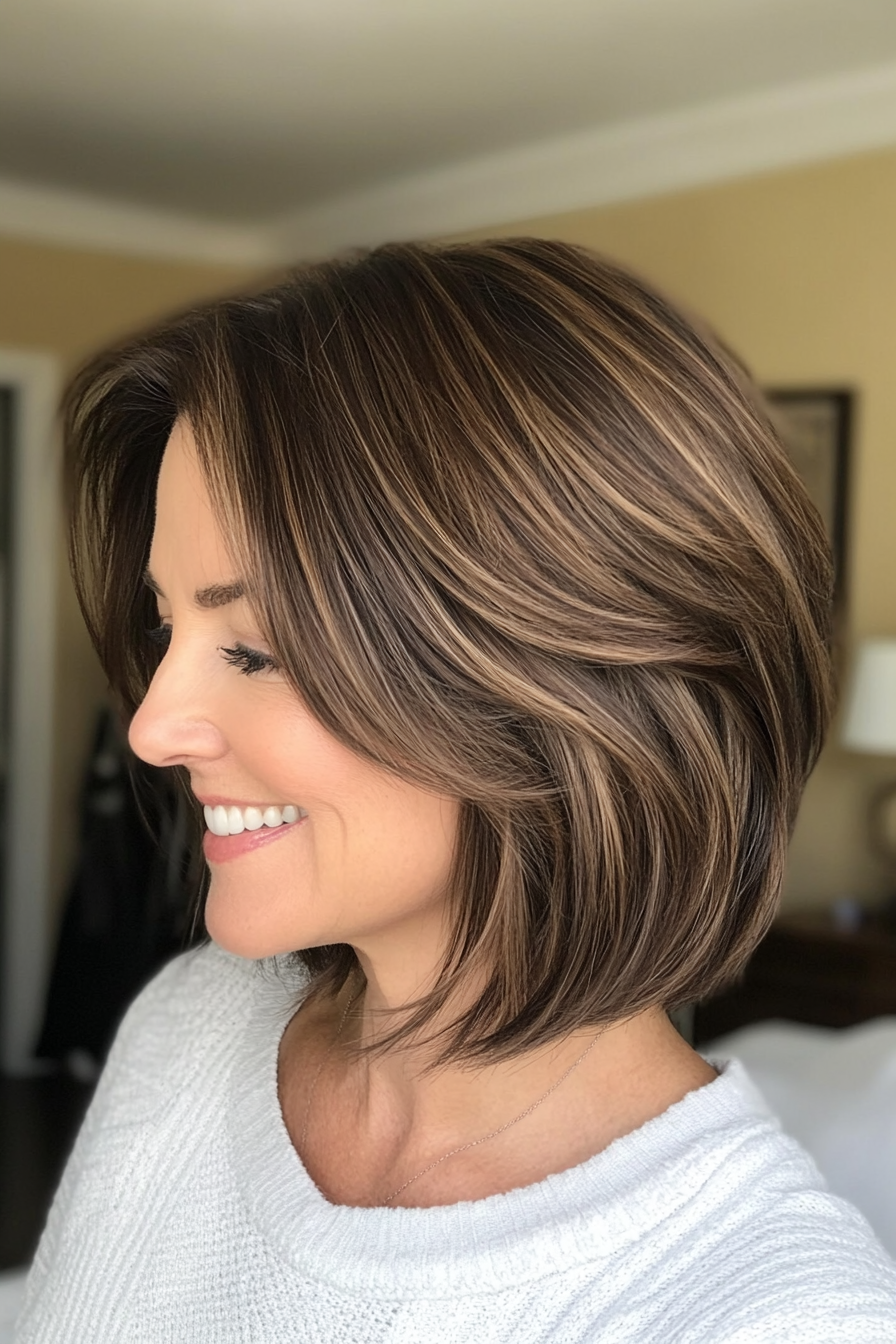 25. Soft Layered Bob with Dark Honey Tones (Medium Length Haircuts For Women Over 50) - Medium Length Haircuts For Women Over 50