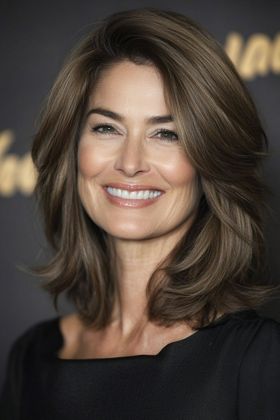 26. Side-Parted Lob with Neutral Brown Hue (Medium Length Haircuts For Women Over 50) - Medium Length Haircuts For Women Over 50