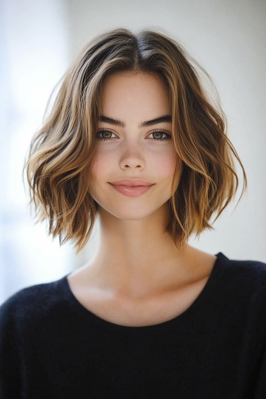 11. Amber-Toned Wavy Lob (Bob Hairstyles For Thin Hair) - Bob Hairstyles For Thin Hair