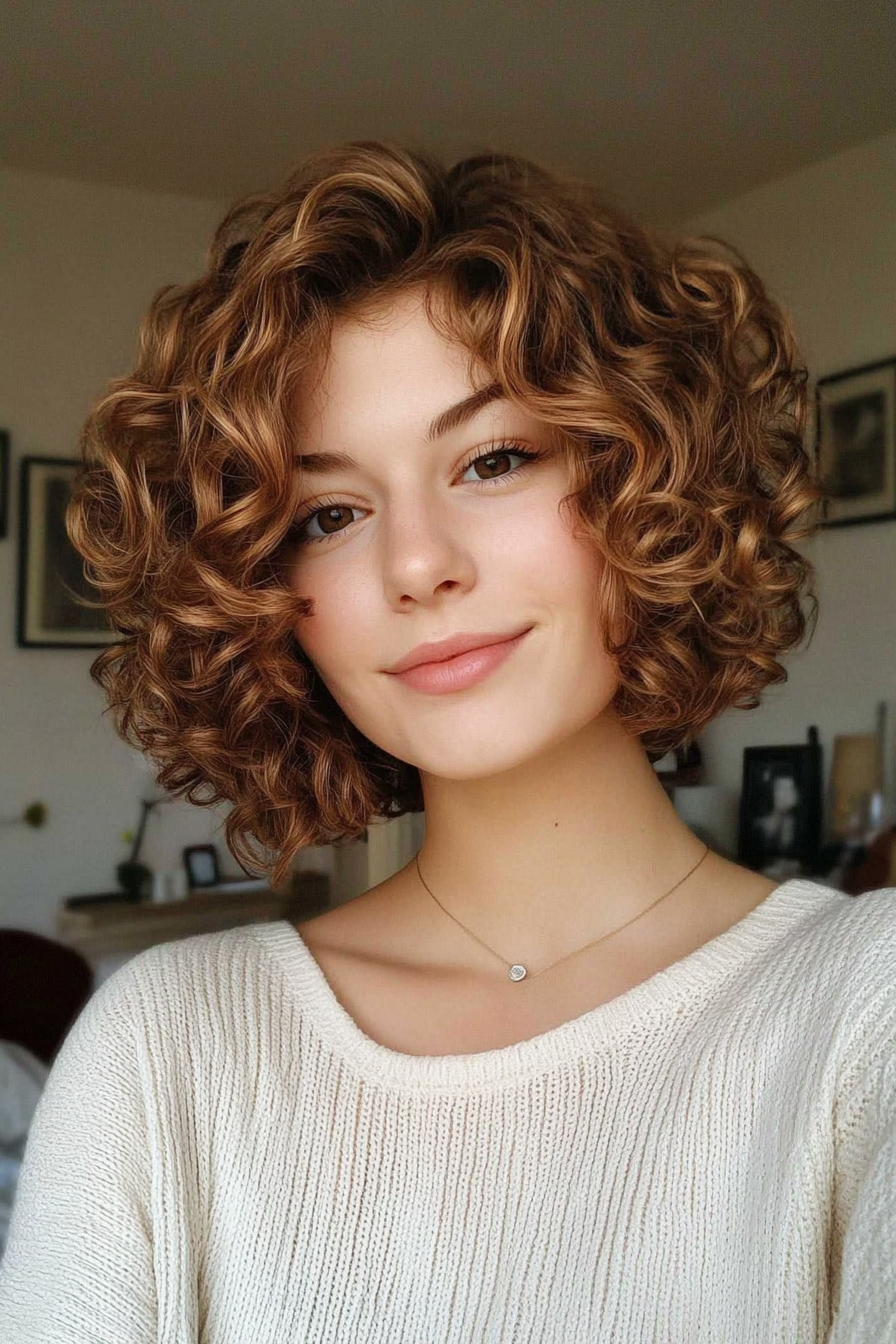 19. Golden Brown Curly Bob (Bob Hairstyles For Thin Hair) - Bob Hairstyles For Thin Hair