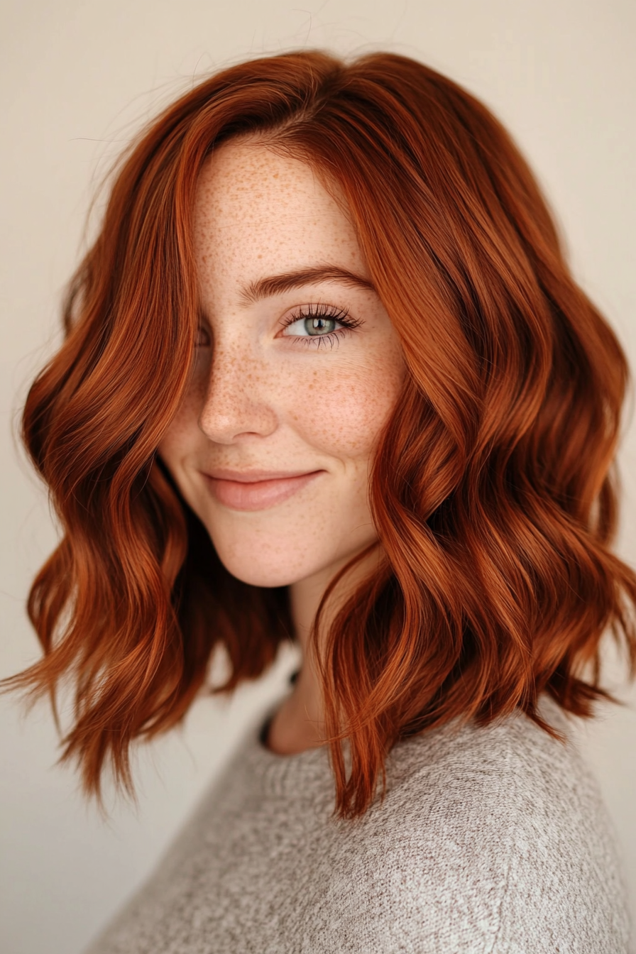 26. Soft Auburn Wavy Lob (Bob Hairstyles For Thin Hair) - Bob Hairstyles For Thin Hair