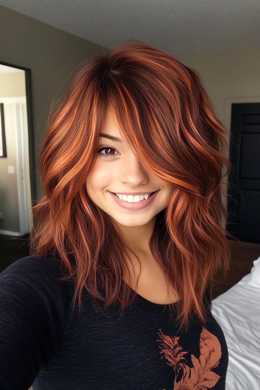 6. Copper Highlighted Shag (Medium Length Shaggy Haircuts) - Medium Length Shaggy Haircuts