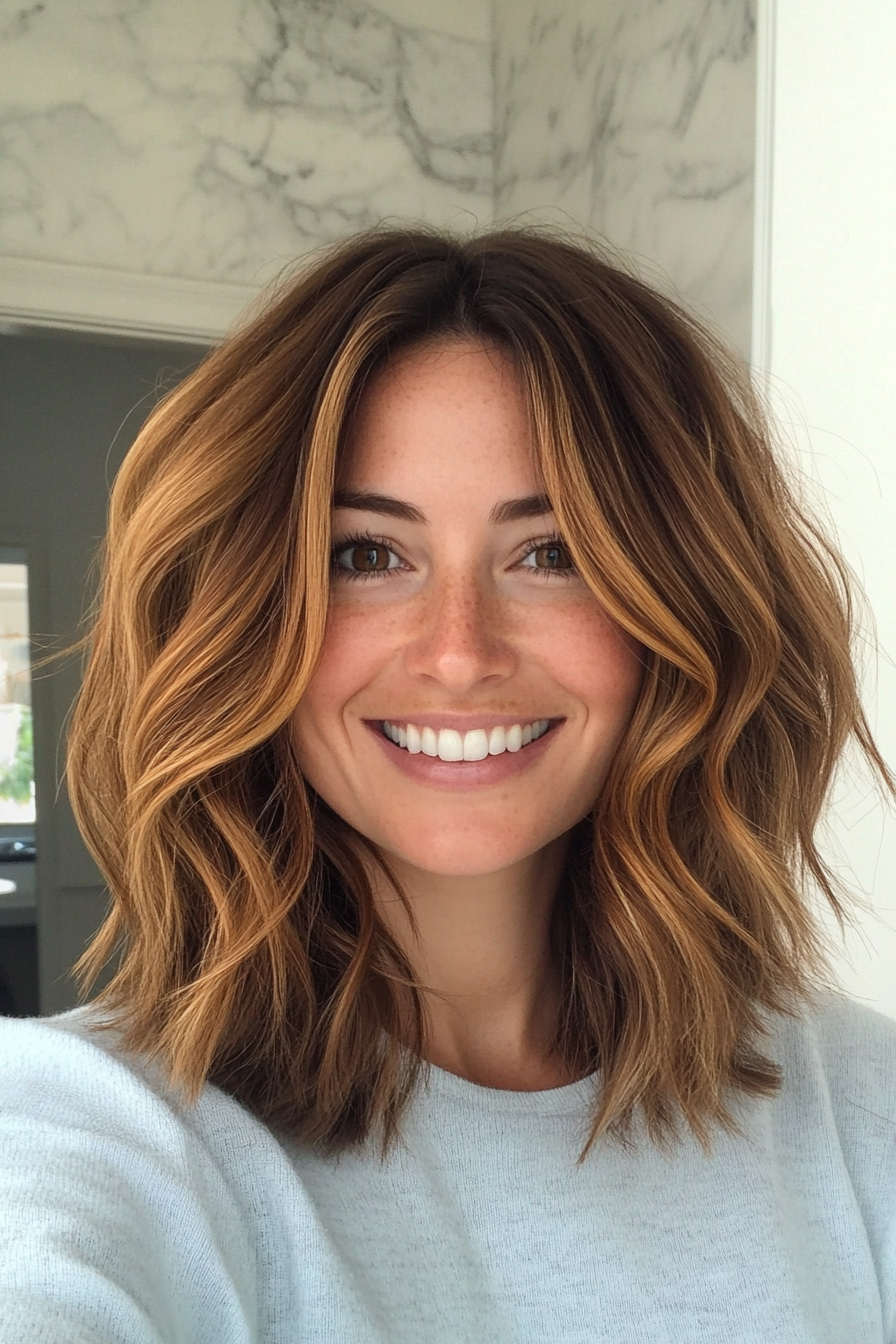 7. Golden Walnut Shag (Medium Length Shaggy Haircuts) - Medium Length Shaggy Haircuts