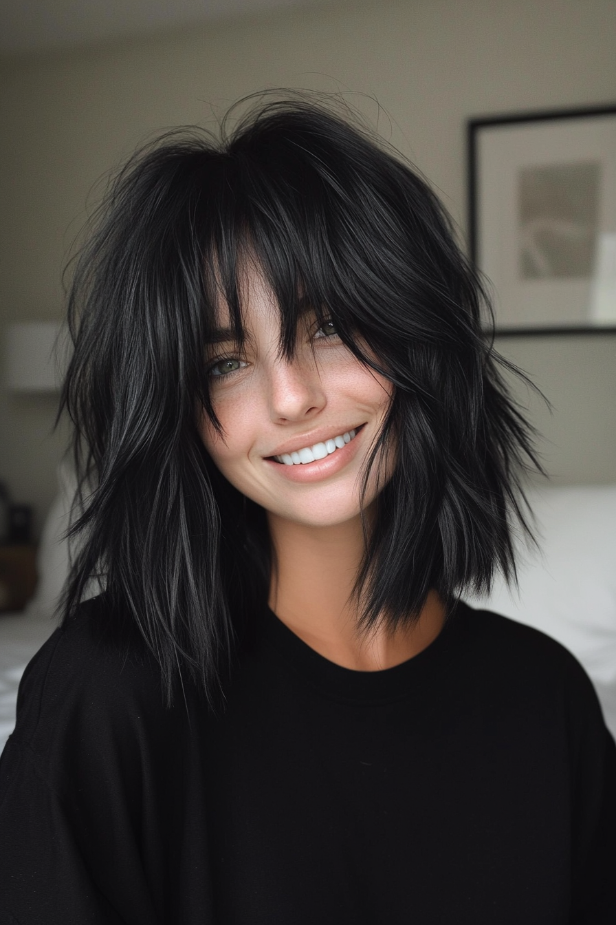 8. Jet Black Shag with Curtain Bangs (Medium Length Shaggy Haircuts) - Medium Length Shaggy Haircuts