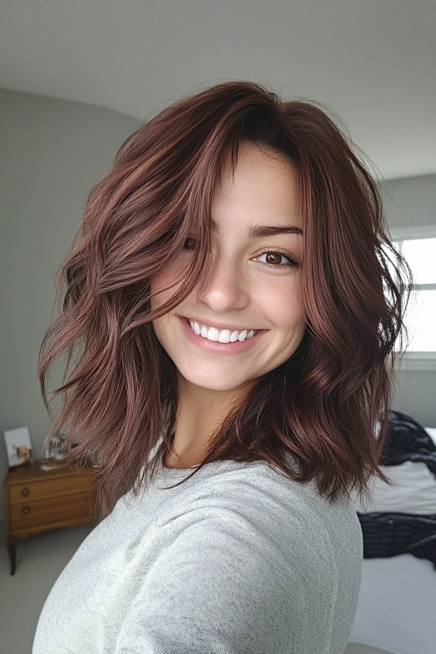 23. Mahogany Brown Tousled Shag (Medium Length Shaggy Haircuts) - Medium Length Shaggy Haircuts
