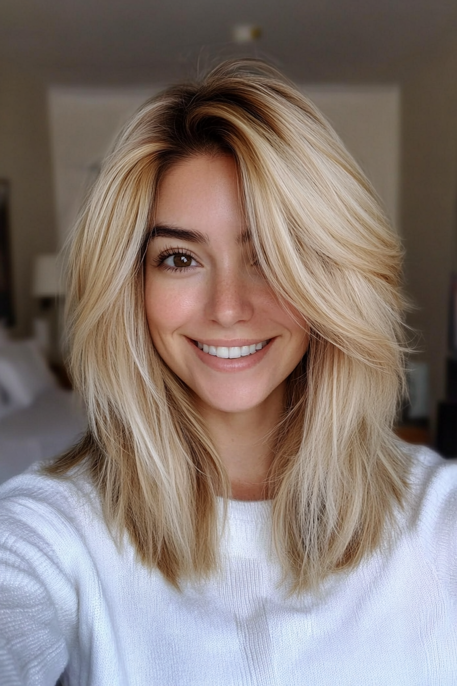25. Champagne Blonde Layered Shag (Medium Length Shaggy Haircuts) - Medium Length Shaggy Haircuts