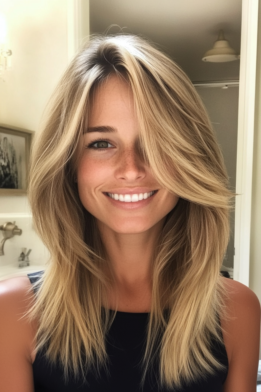 6. Curtain Bangs with Layers in Warm Honey Blonde (Medium Length Hairstyles For Thin Hair) - Medium Length Hairstyles For Thin Hair