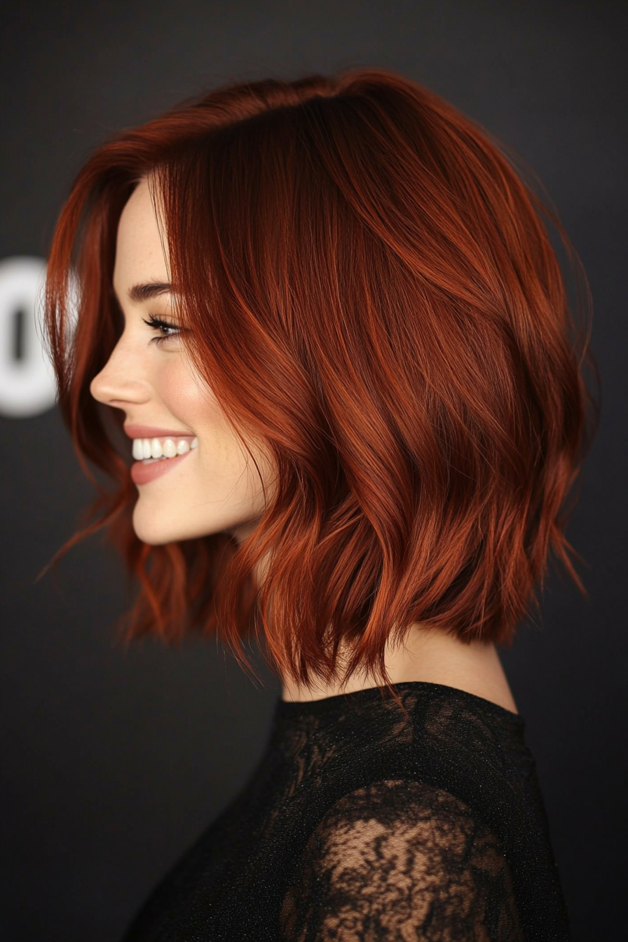 7. Long Bob with Choppy Ends in Deep Auburn (Medium Length Hairstyles For Thin Hair) - Medium Length Hairstyles For Thin Hair