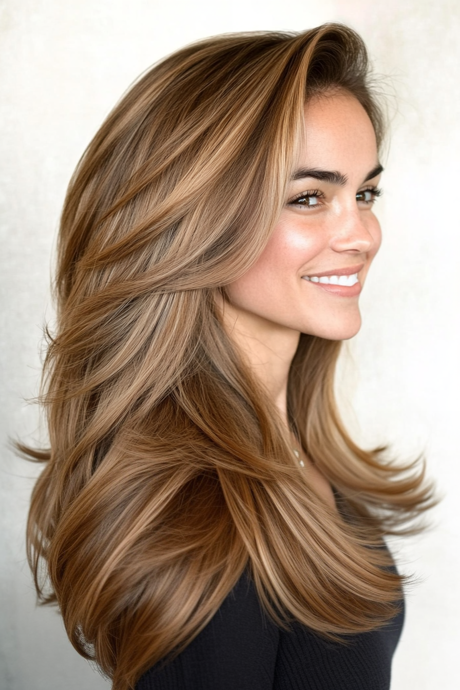 9. Face-Framing Layers in Light Caramel Brown (Medium Length Hairstyles For Thin Hair) - Medium Length Hairstyles For Thin Hair