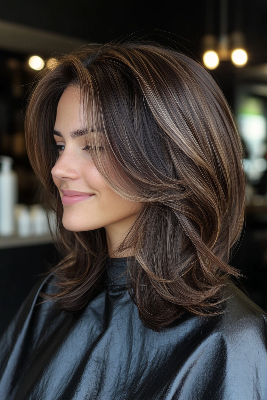 11. Volumized Layers in Espresso Brown (Medium Length Hairstyles For Thin Hair) - Medium Length Hairstyles For Thin Hair