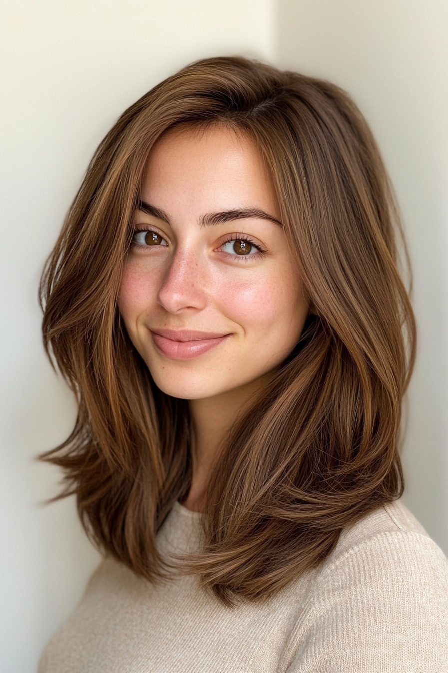 15. Blended Layers with Side Part in Rich Hazelnut Brown (Medium Length Hairstyles For Thin Hair) - Medium Length Hairstyles For Thin Hair