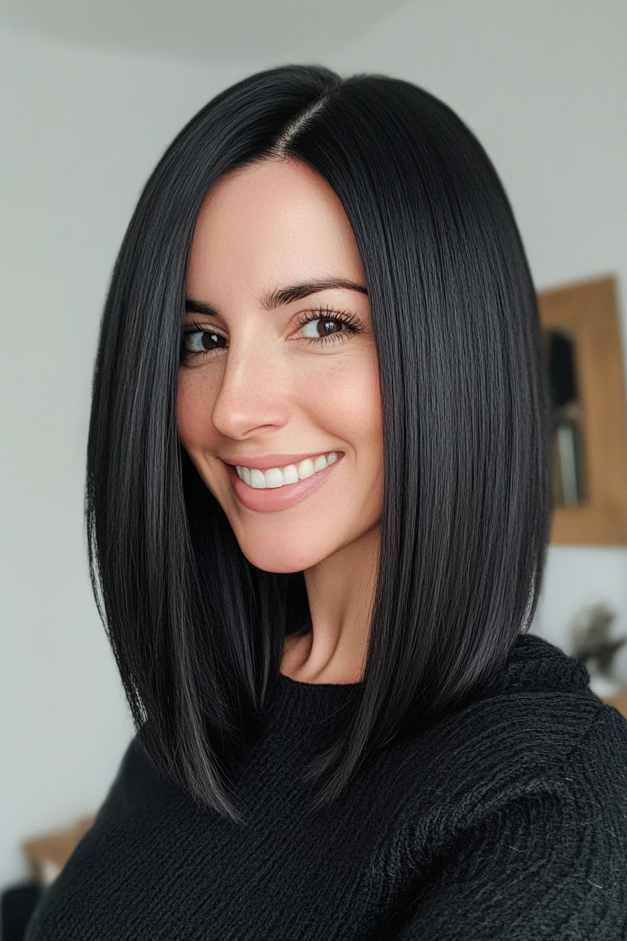 16. Straight Mid-Length Cut in Jet Black (Medium Length Hairstyles For Thin Hair) - Medium Length Hairstyles For Thin Hair