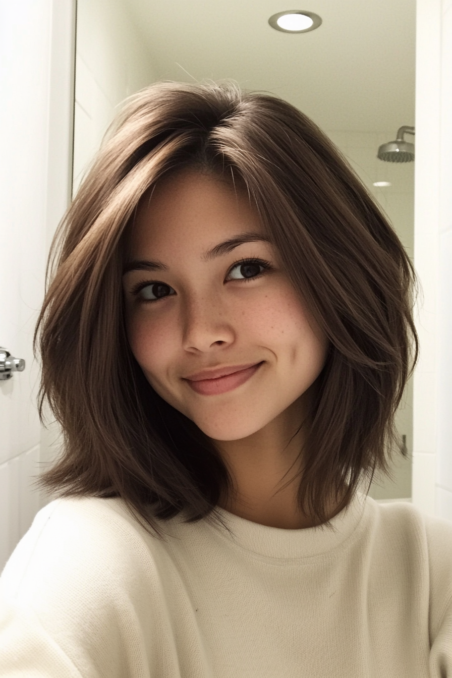 17. Choppy Shoulder-Length Cut in Cool Ash Brown (Medium Length Hairstyles For Thin Hair) - Medium Length Hairstyles For Thin Hair