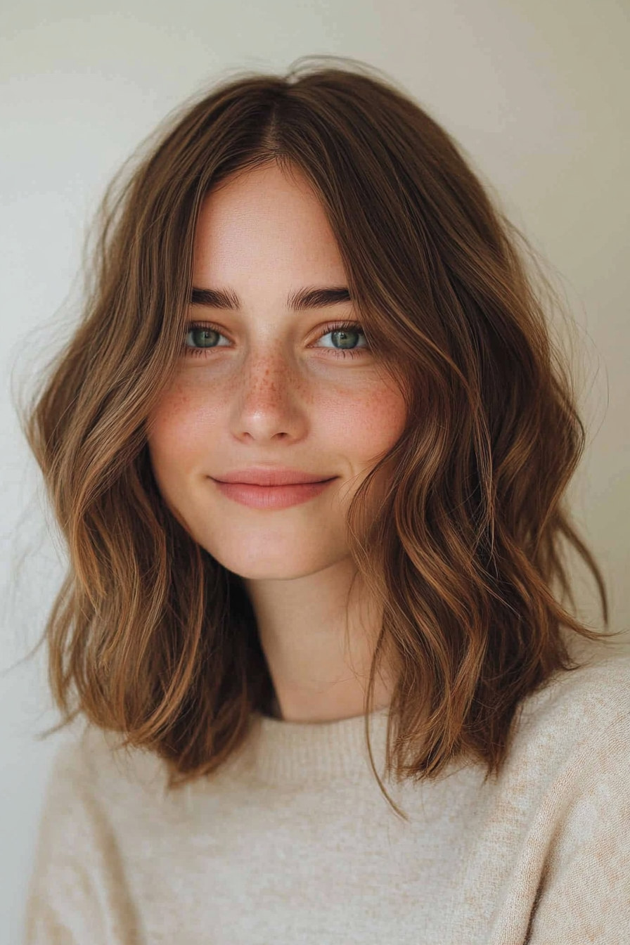 18. Wavy Lob in Soft Chestnut Brown (Medium Length Hairstyles For Thin Hair) - Medium Length Hairstyles For Thin Hair