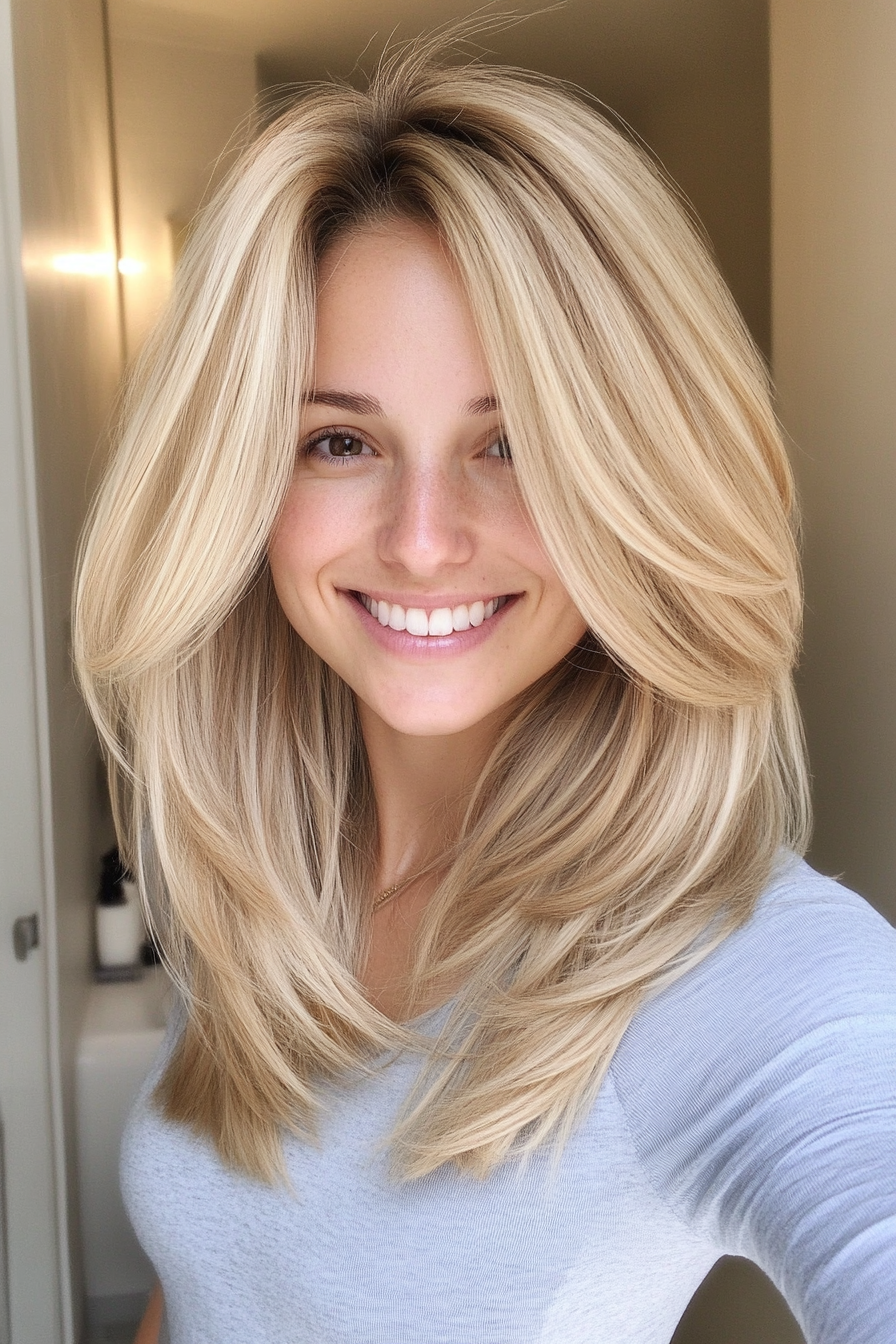 20. Rounded Layers in Sandy Blonde (Medium Length Hairstyles For Thin Hair) - Medium Length Hairstyles For Thin Hair