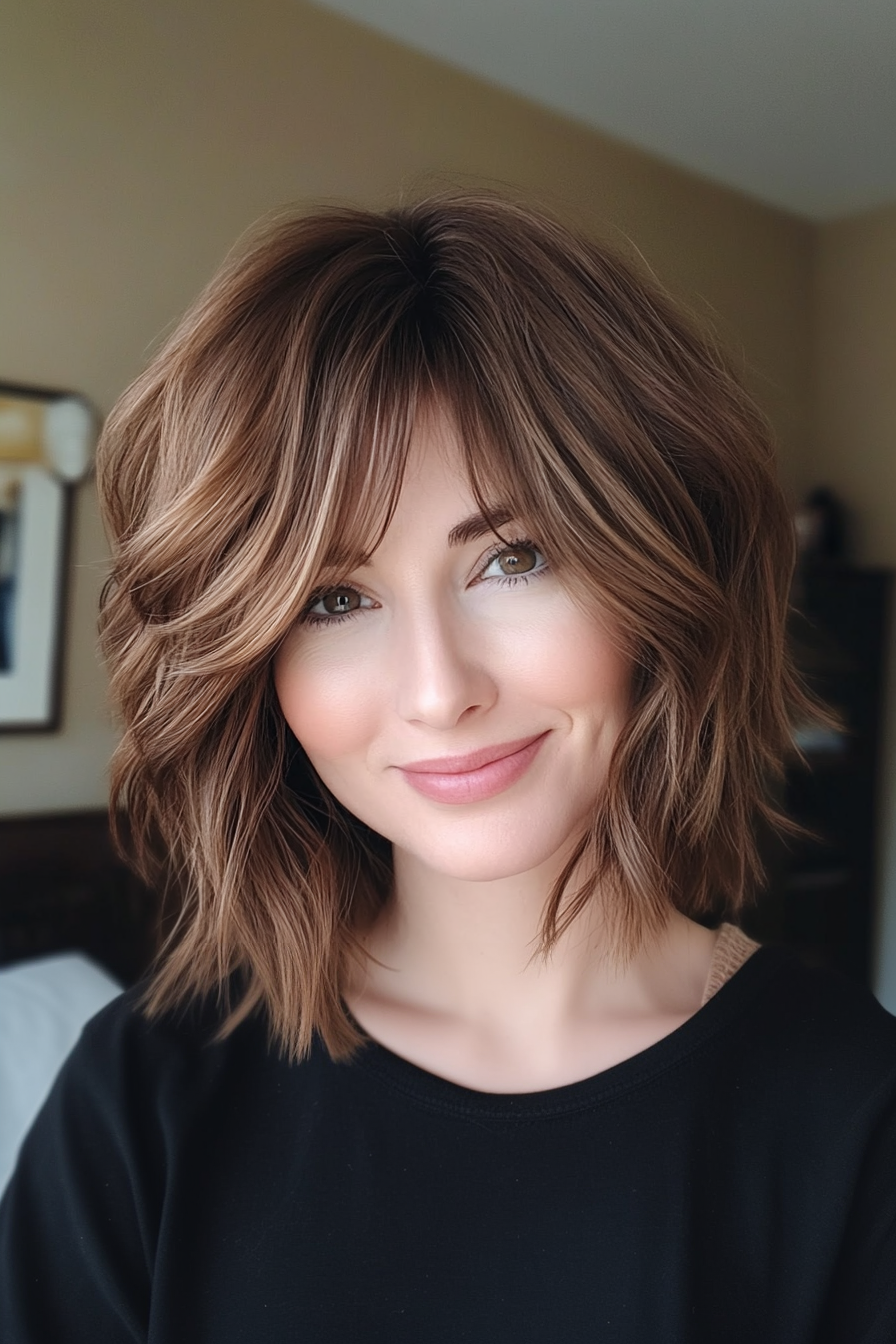21. Textured Bob with Fringe in Warm Toffee Brown (Medium Length Hairstyles For Thin Hair) - Medium Length Hairstyles For Thin Hair