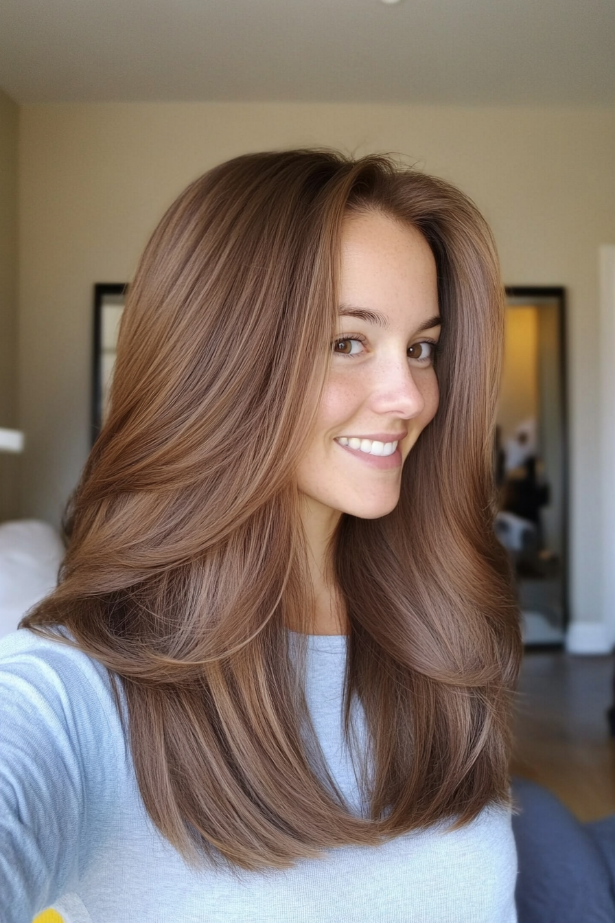 24. Subtle Layers with Middle Part in Warm Walnut Brown (Medium Length Hairstyles For Thin Hair) - Medium Length Hairstyles For Thin Hair