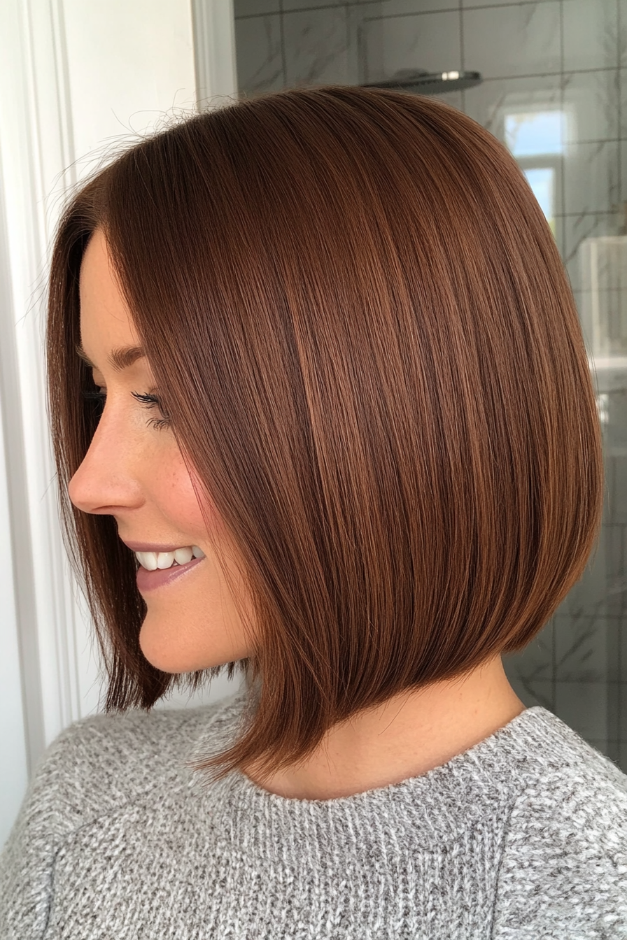 26. Blunt Bob with Tapered Ends in Deep Chestnut Brown (Medium Length Hairstyles For Thin Hair) - Medium Length Hairstyles For Thin Hair