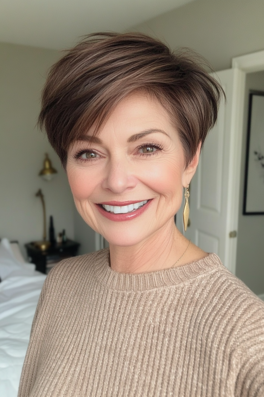 2. Classic Tapered Pixie in Deep Brunette (Pixie Haircuts For Women Over 60) - Pixie Haircuts For Women Over 60