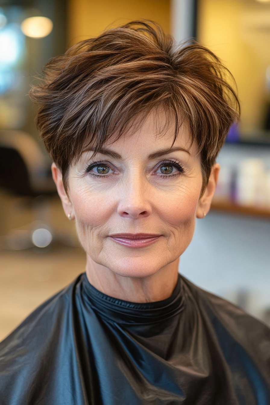 4. Feathered Pixie in Chestnut Brown (Pixie Haircuts For Women Over 60) - Pixie Haircuts For Women Over 60