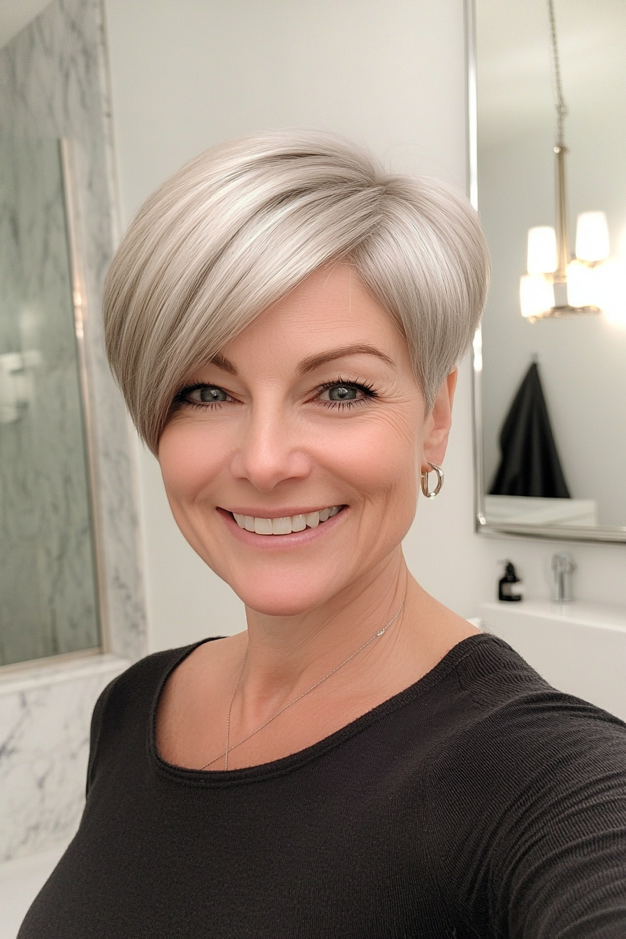 6. Sleek Pixie with Side Bangs in Silver Blonde (Pixie Haircuts For Women Over 60) - Pixie Haircuts For Women Over 60