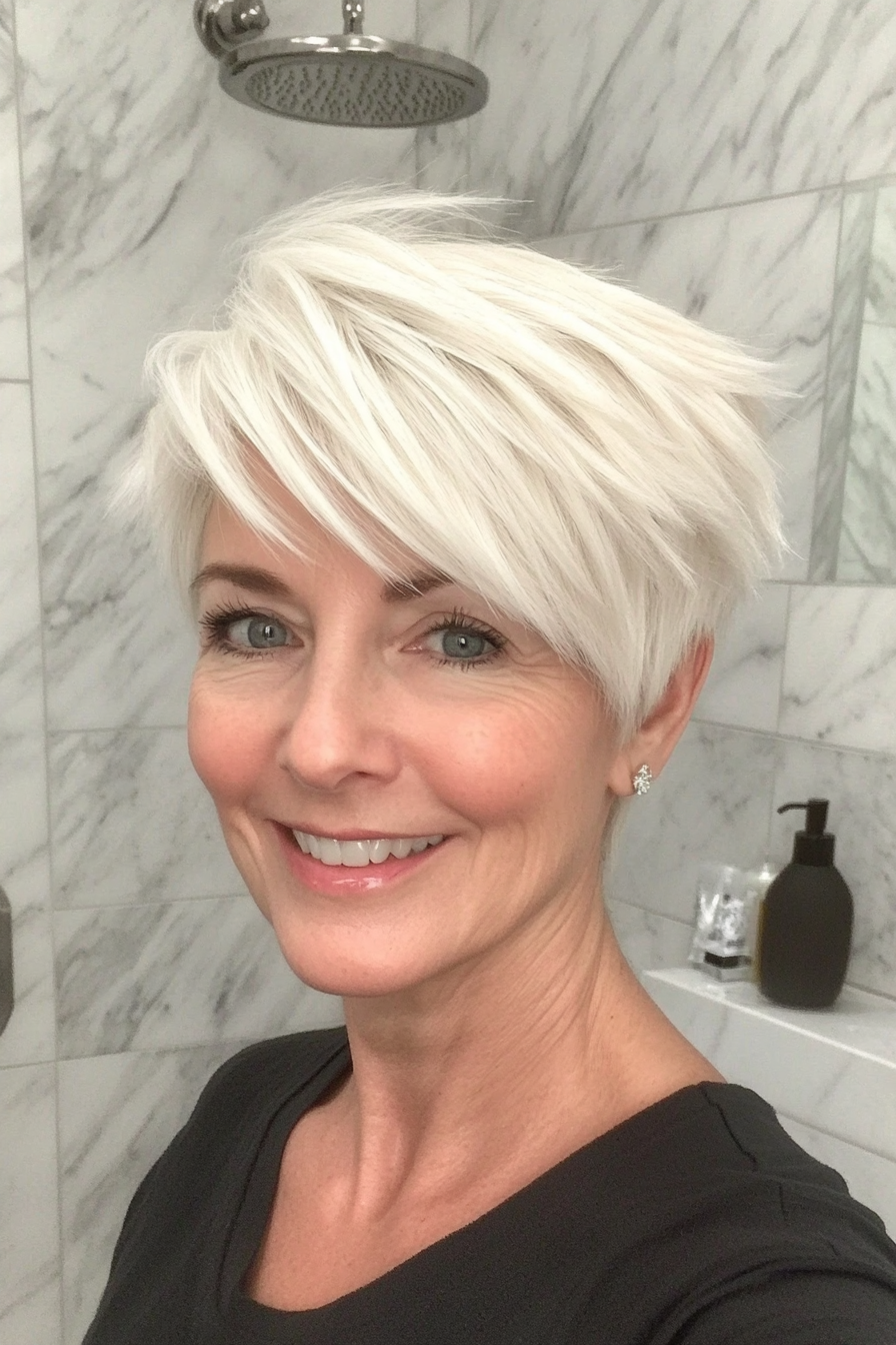 8. Edgy Layered Pixie in White Blonde (Pixie Haircuts For Women Over 60) - Pixie Haircuts For Women Over 60