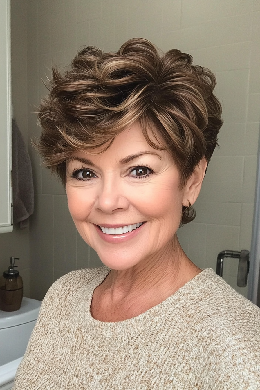 9. Wavy Pixie in Honey Brown (Pixie Haircuts For Women Over 60) - Pixie Haircuts For Women Over 60