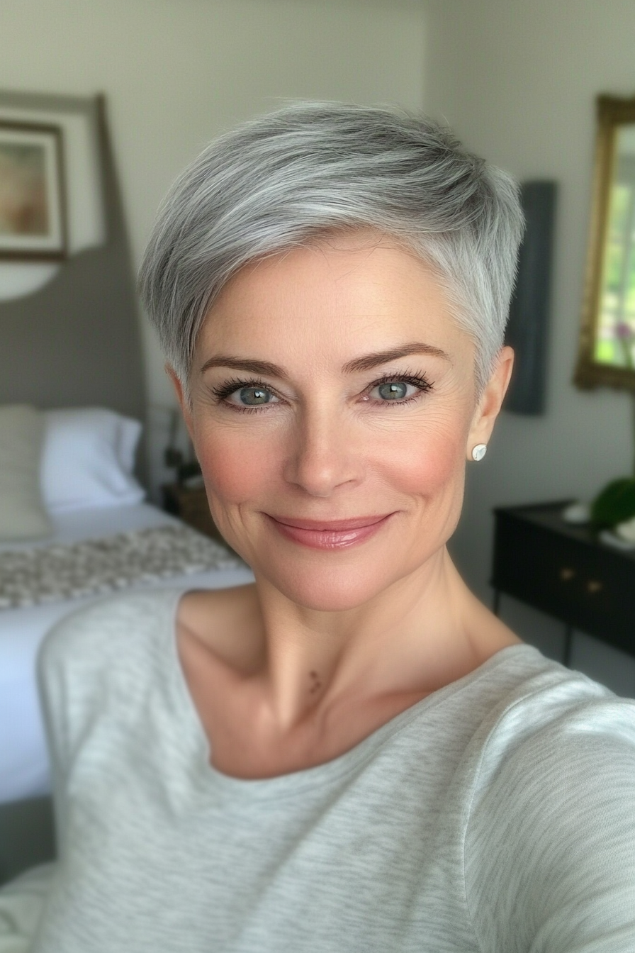 10. Short Cropped Pixie in Silver Gray (Pixie Haircuts For Women Over 60) - Pixie Haircuts For Women Over 60