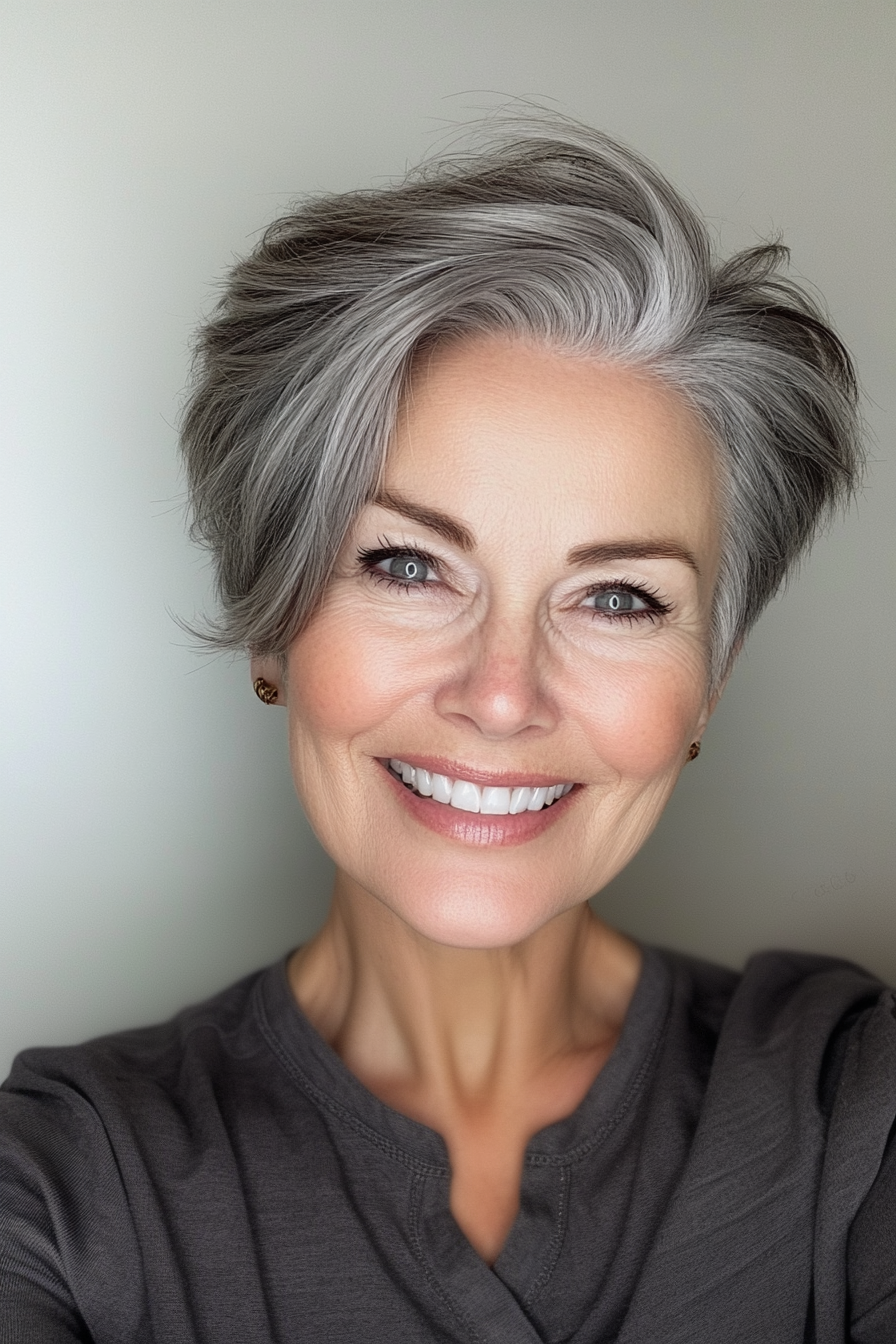 14. Voluminous Pixie in Soft Charcoal Gray (Pixie Haircuts For Women Over 60) - Pixie Haircuts For Women Over 60