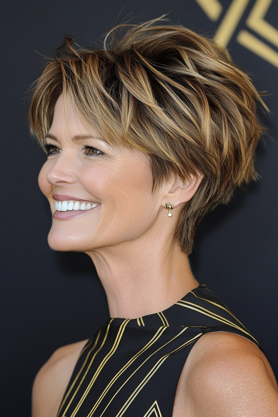 15. Modern Choppy Pixie in Golden Brown (Pixie Haircuts For Women Over 60) - Pixie Haircuts For Women Over 60