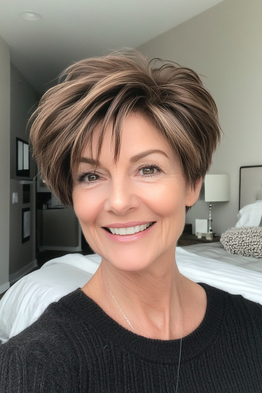 17. Layered Pixie Cut in Cool Mocha Brown (Pixie Haircuts For Women Over 60) - Pixie Haircuts For Women Over 60