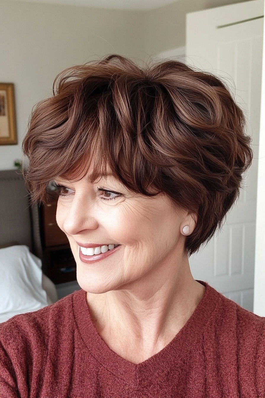 19. Wavy Pixie with Bangs in Deep Mahogany (Pixie Haircuts For Women Over 60) - Pixie Haircuts For Women Over 60