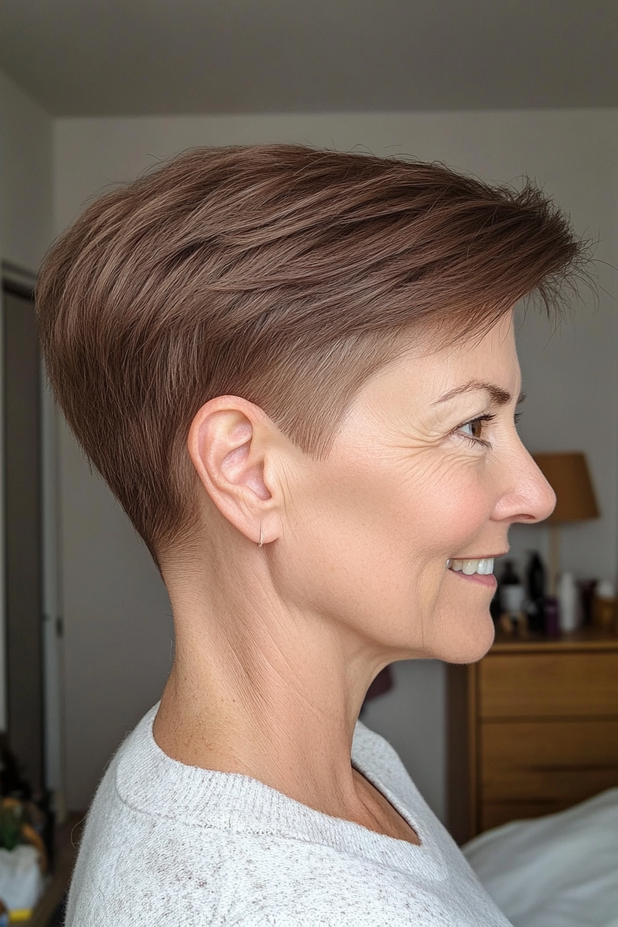 23. Ultra-Short Pixie in Warm Cocoa Brown (Pixie Haircuts For Women Over 60) - Pixie Haircuts For Women Over 60