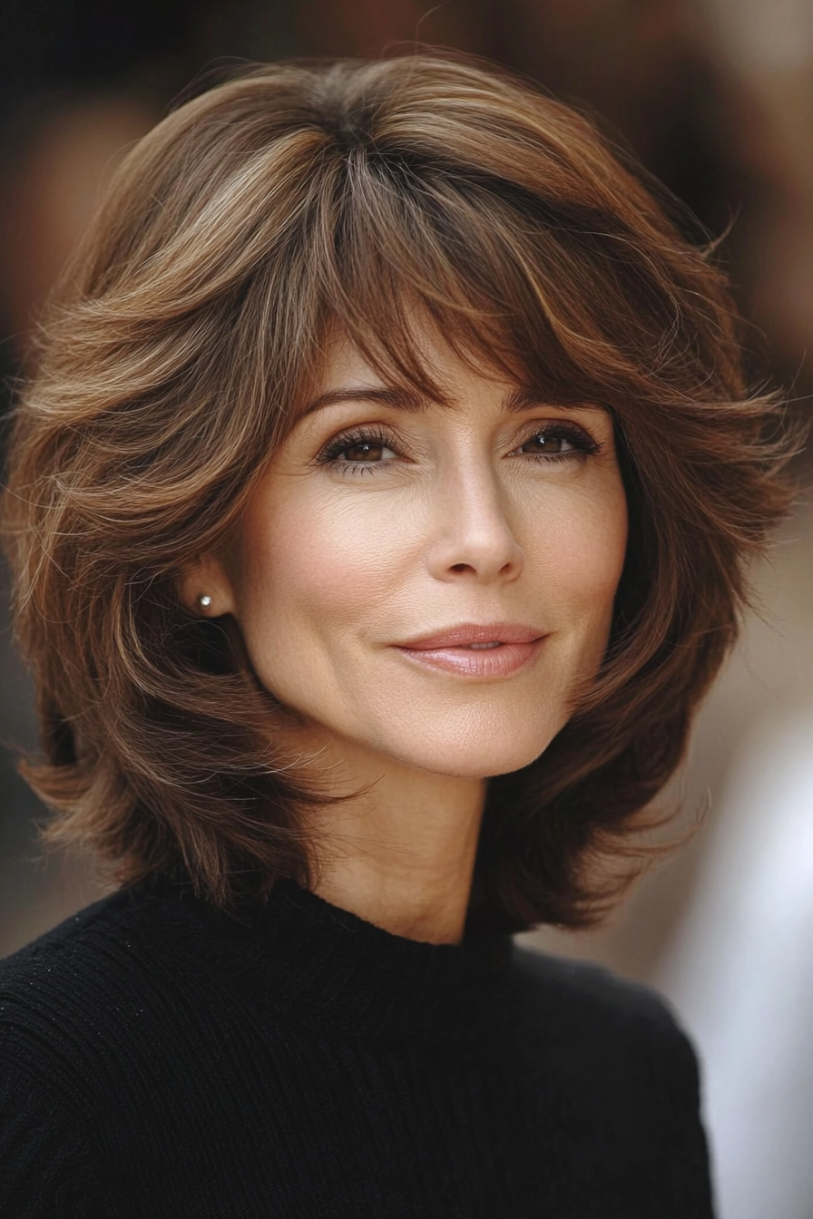 1. Feathered Bob with Warm Chestnut Layers (Hairstyles For Women Over 50 With Bangs) - Hairstyles For Women Over 50 With Bangs