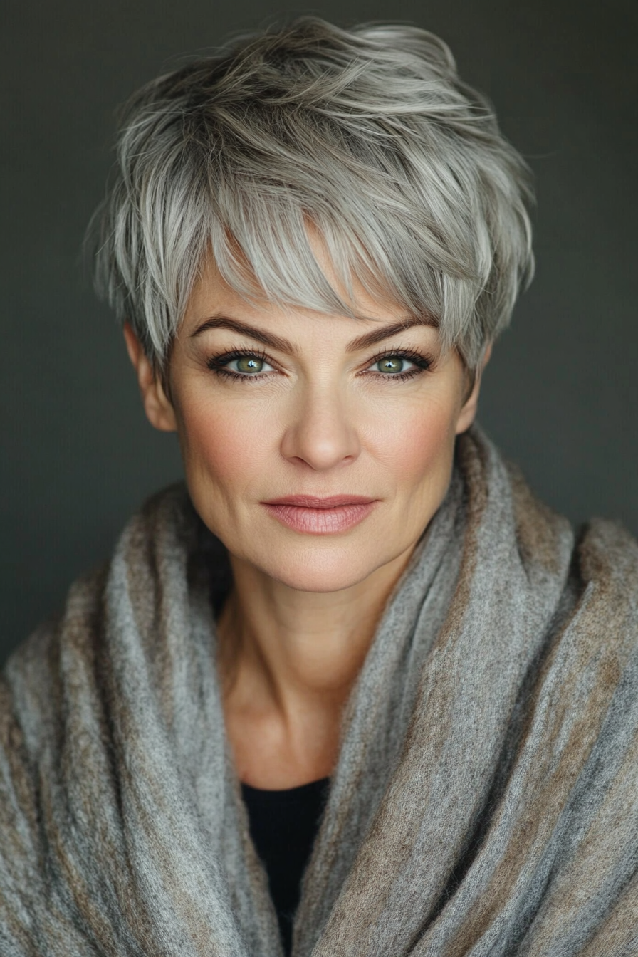 2. Classic Pixie with Soft Gray Highlights (Hairstyles For Women Over 50 With Bangs) - Hairstyles For Women Over 50 With Bangs