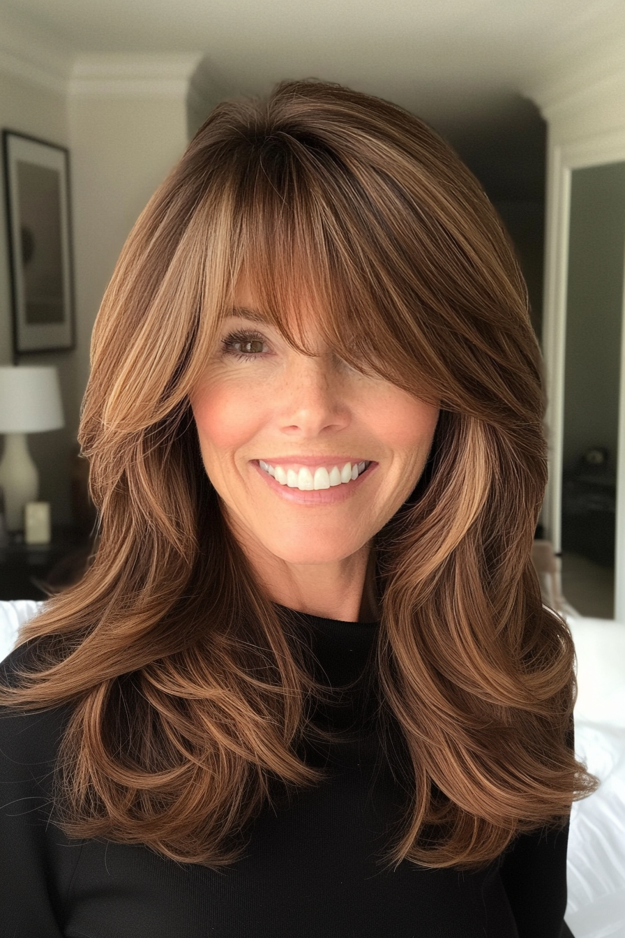 3. Layered Shoulder-Length Cut with Caramel Accents (Hairstyles For Women Over 50 With Bangs) - Hairstyles For Women Over 50 With Bangs
