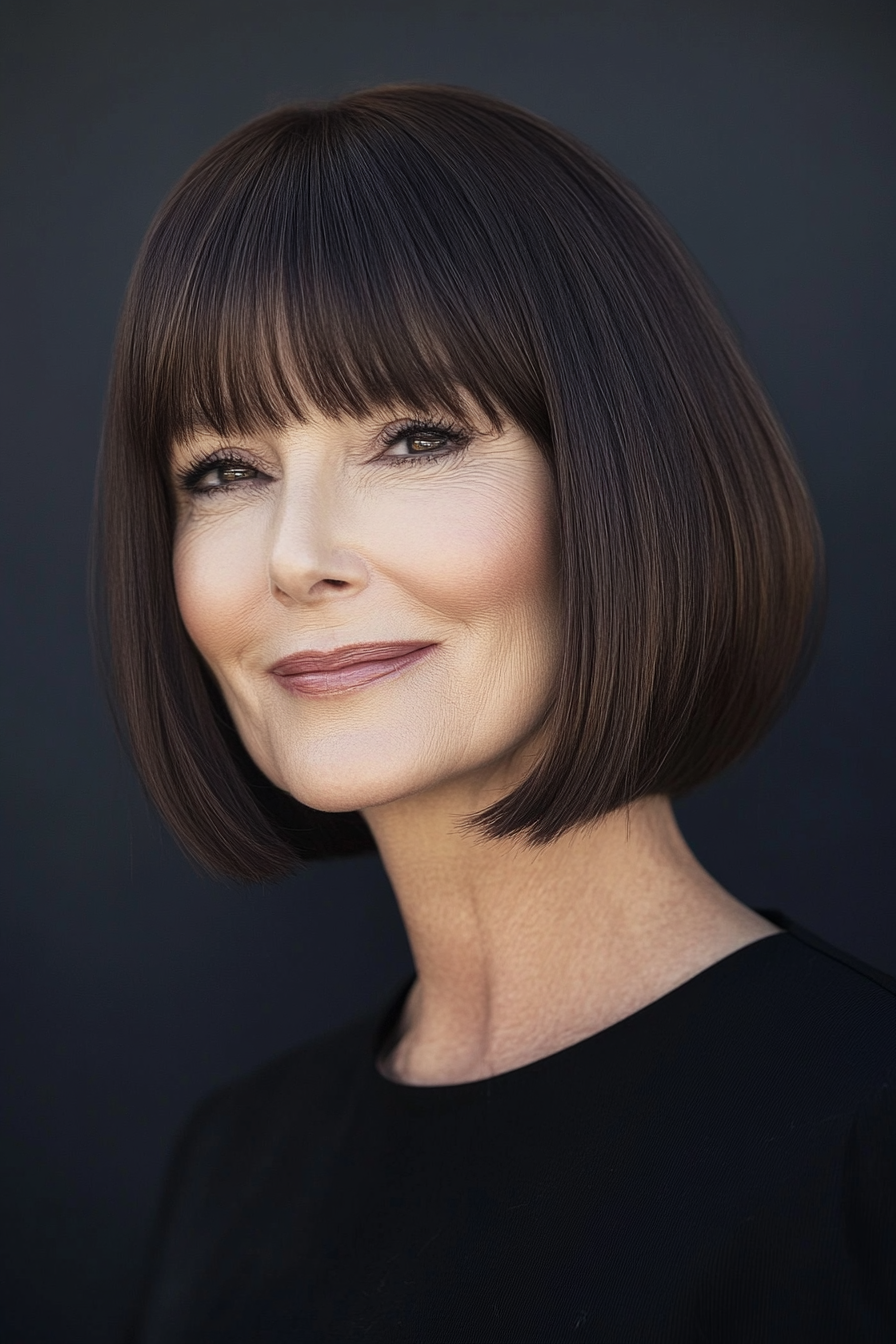 4. Chin-Length French Bob with Deep Brunette Tones (Hairstyles For Women Over 50 With Bangs) - Hairstyles For Women Over 50 With Bangs