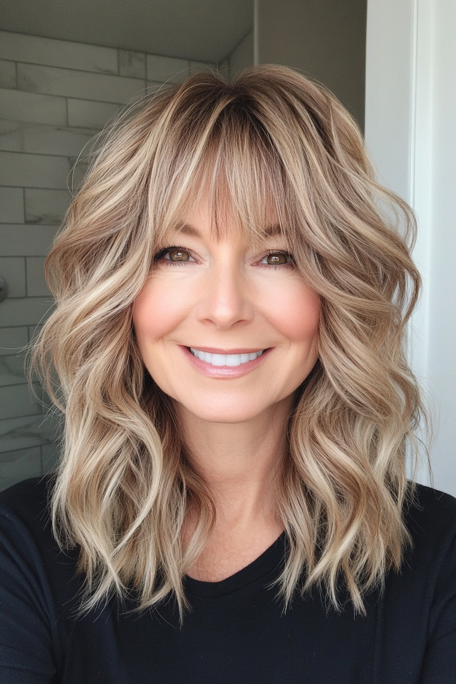 5. Wavy Shag with Soft Blonde Balayage (Hairstyles For Women Over 50 With Bangs) - Hairstyles For Women Over 50 With Bangs