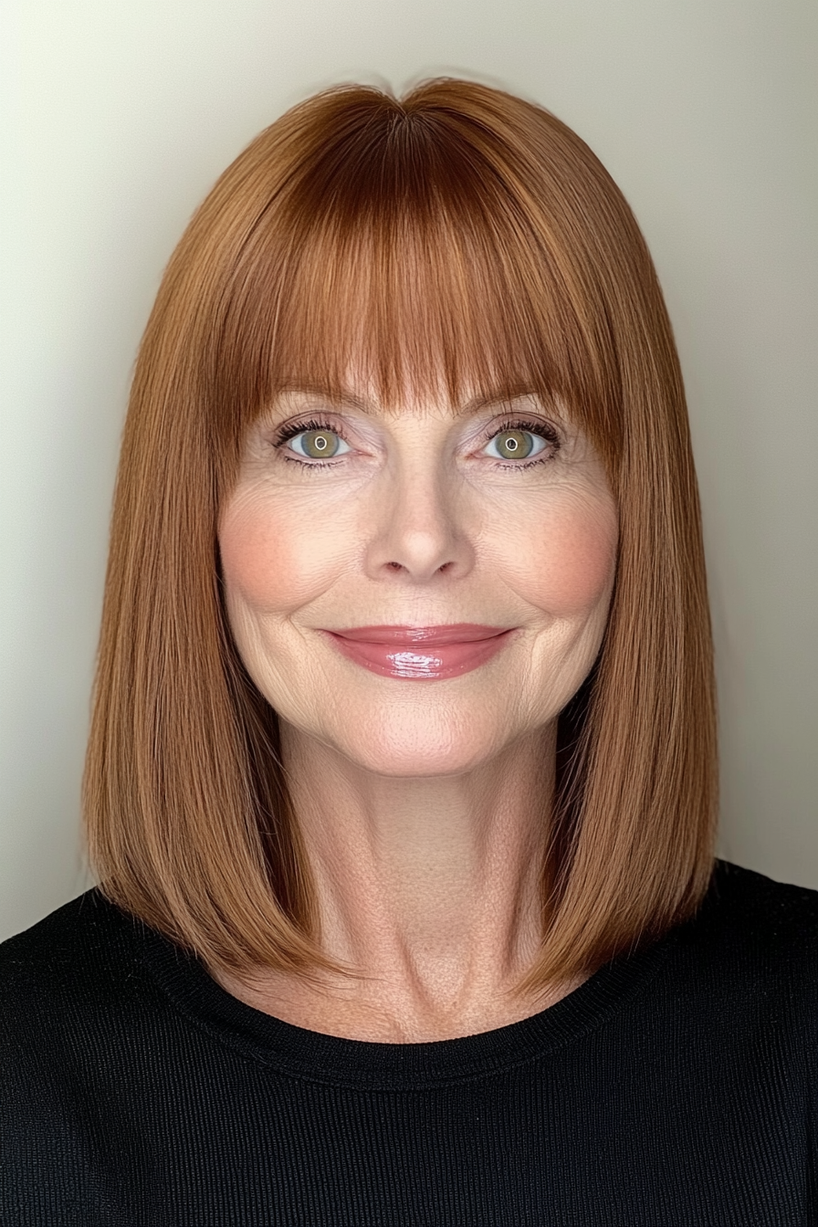 6. Blunt Collarbone Cut with Auburn Undertones (Hairstyles For Women Over 50 With Bangs) - Hairstyles For Women Over 50 With Bangs