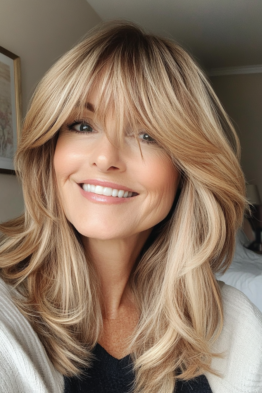 7. Layered Lob with Sandy Blonde Highlights (Hairstyles For Women Over 50 With Bangs) - Hairstyles For Women Over 50 With Bangs