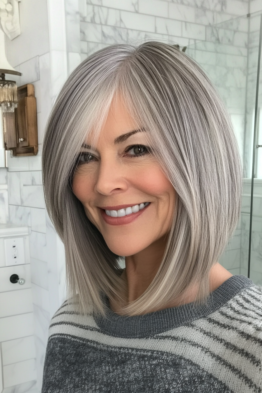 8. Side-Parted Bob with Salt-and-Pepper Tones (Hairstyles For Women Over 50 With Bangs) - Hairstyles For Women Over 50 With Bangs
