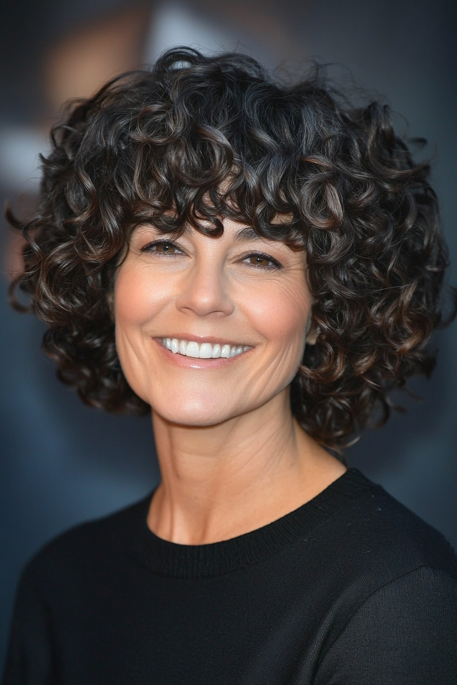 9. Curly Pixie with Dark Chocolate Curls (Hairstyles For Women Over 50 With Bangs) - Hairstyles For Women Over 50 With Bangs