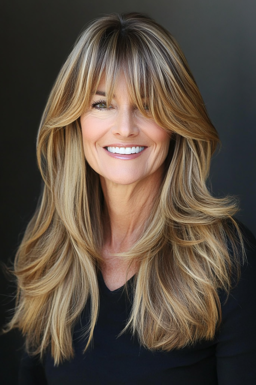 10. Long Layers with Golden Honey Streaks (Hairstyles For Women Over 50 With Bangs) - Hairstyles For Women Over 50 With Bangs