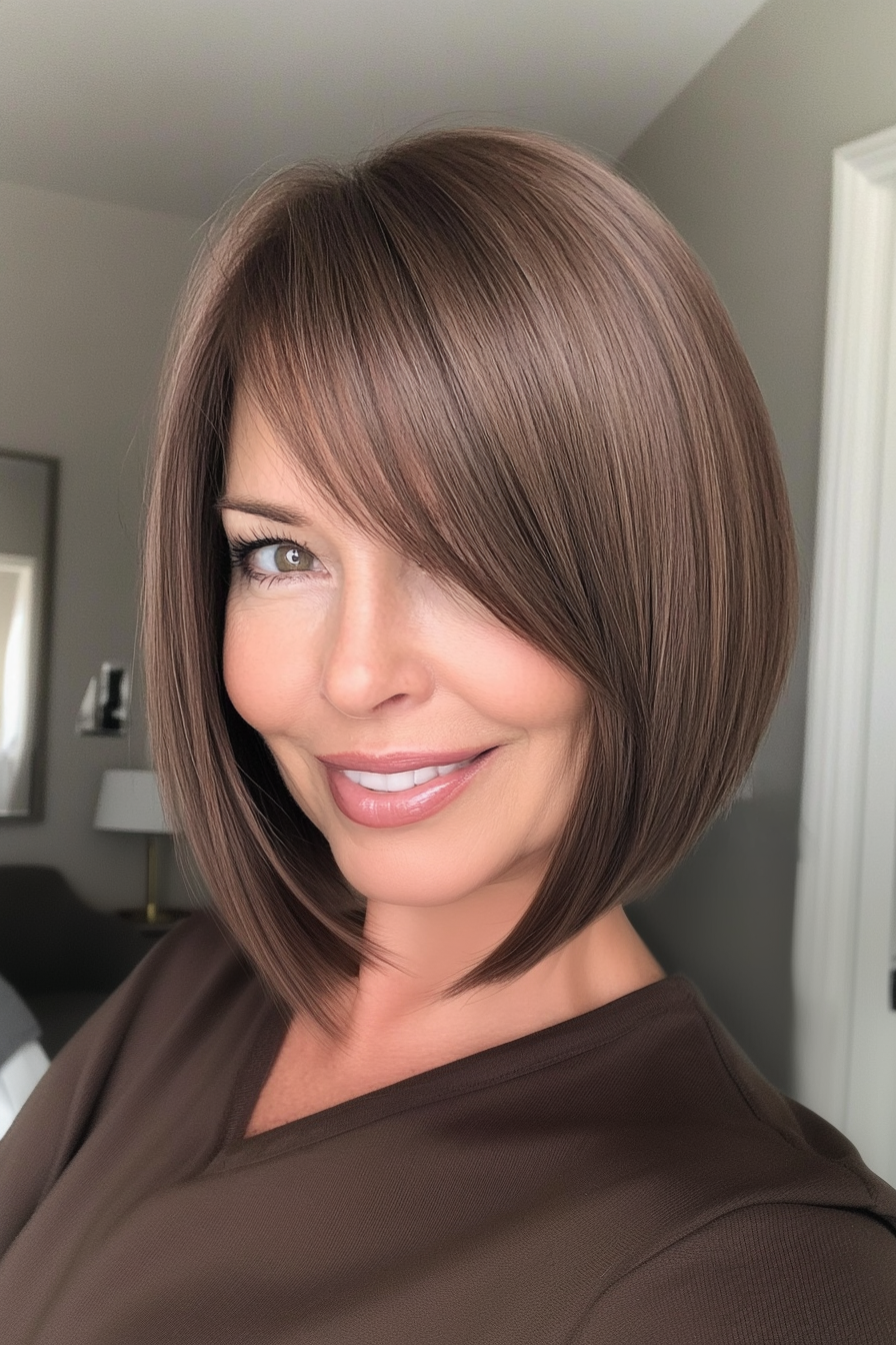 11. Angled Bob with Espresso Brown Shine (Hairstyles For Women Over 50 With Bangs) - Hairstyles For Women Over 50 With Bangs
