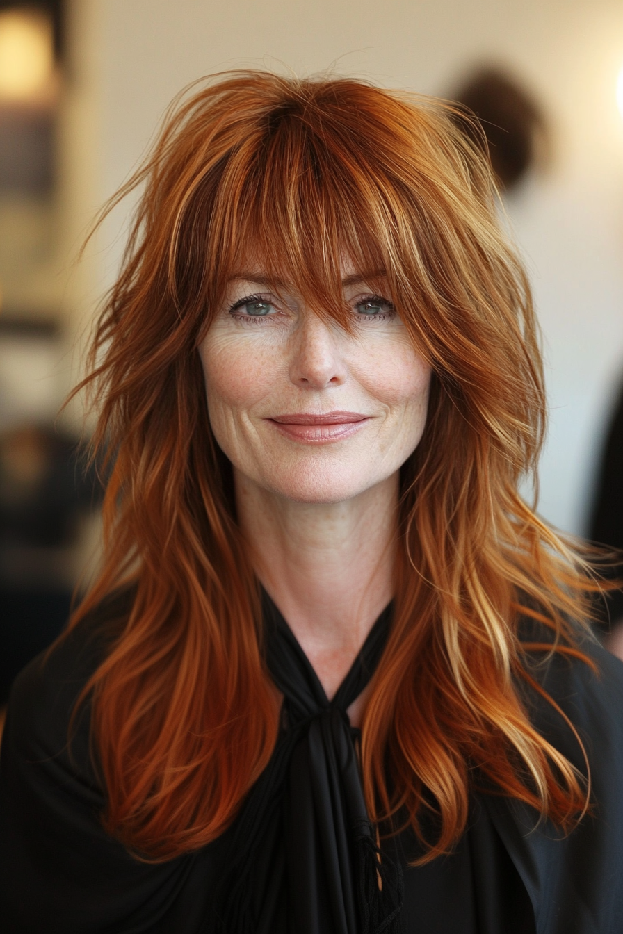 12. Soft Wolf Cut with Subtle Copper Highlights (Hairstyles For Women Over 50 With Bangs) - Hairstyles For Women Over 50 With Bangs